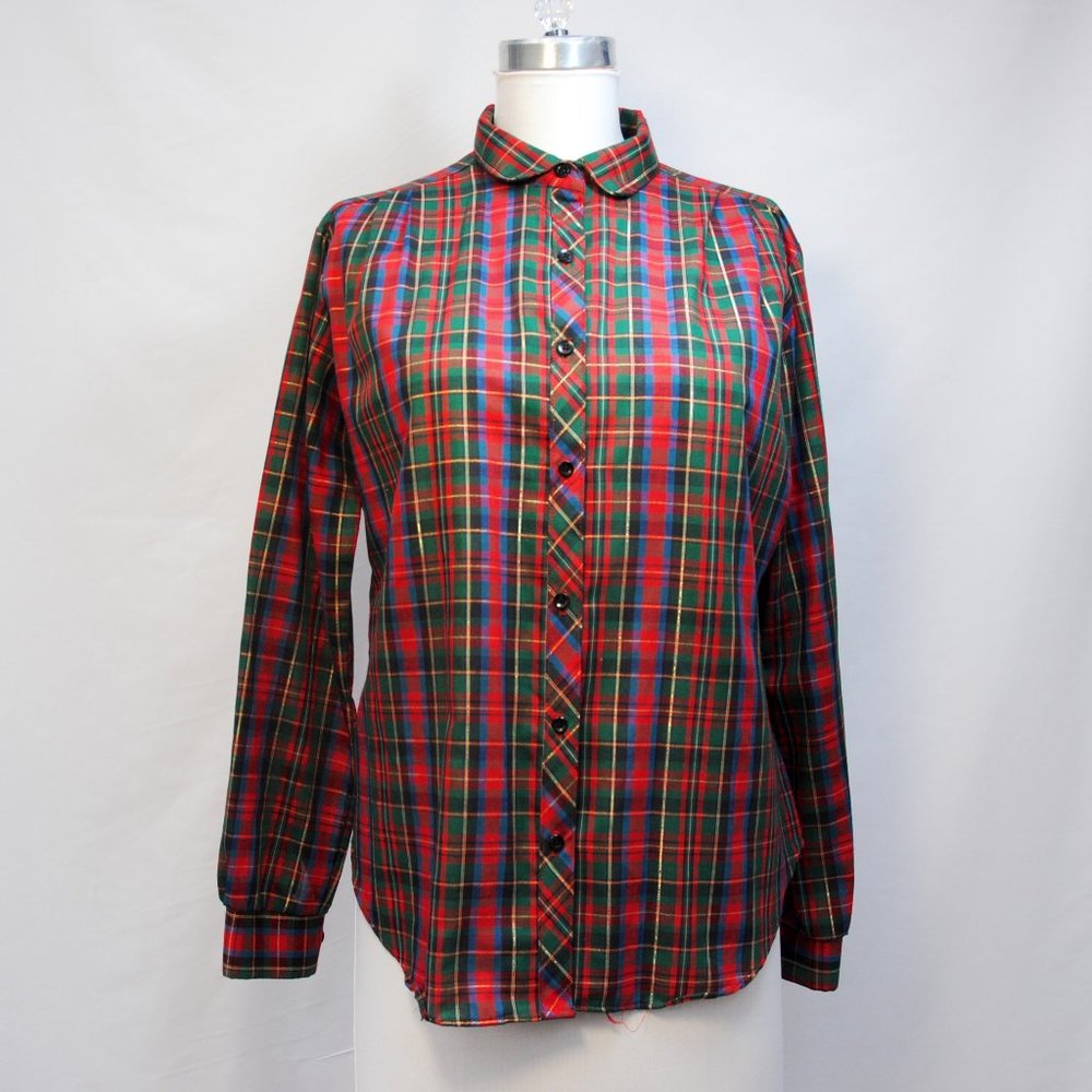1980s plaid button down shirt, Peter Pan collar by Laura Mae Bust 44 EXCELLENT!